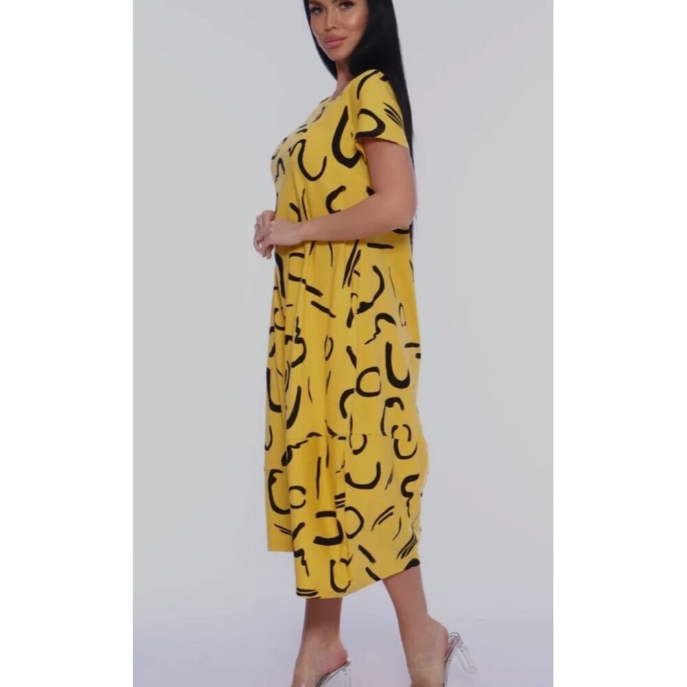 Womens M/ L Yellow Print Cotton Midi House Dress Short Sleeve Casual Dress Cozy